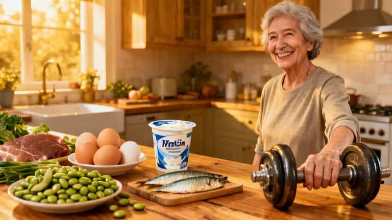 Fresh healthy foods and elderly woman exercising with dumbbell in bright kitchen for wellness and fitness.