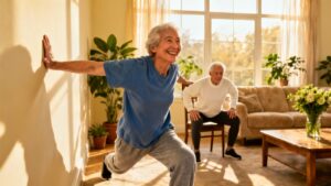 Senior woman doing stretching exercises indoors for flexibility and mobility improvement.