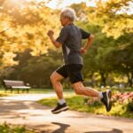 Vigorous elderly man jogging in a peaceful park during autumn with colorful trees and flowers.