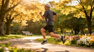 Vigorous elderly man jogging in a peaceful park during autumn with colorful trees and flowers.