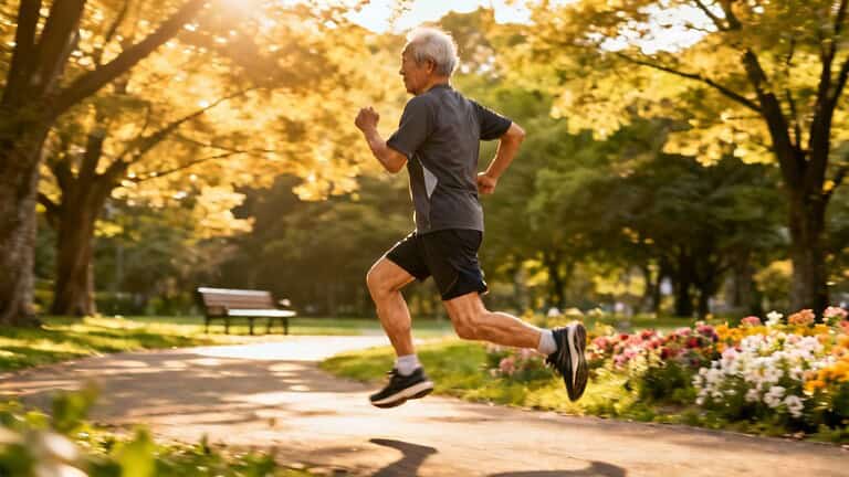 Vigorous elderly man jogging in a peaceful park during autumn with colorful trees and flowers.