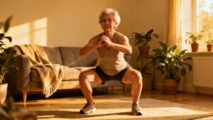 Older woman doing squat exercise at home for daily stretching and flexibility.