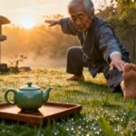Gentle elderly person practicing outdoor stretching yoga in the garden during sunrise, emphasizing morning routines and flexibility.