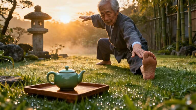 Gentle elderly person practicing outdoor stretching yoga in the garden during sunrise, emphasizing morning routines and flexibility.
