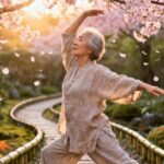Elderly woman practicing yoga or stretching outdoors in a peaceful Japanese garden with cherry blossoms in full bloom during sunset.