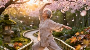 Elderly woman practicing yoga or stretching outdoors in a peaceful Japanese garden with cherry blossoms in full bloom during sunset.