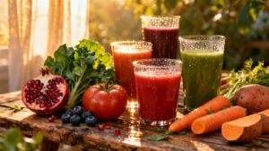 Fresh vegetable and fruit smoothies with pomegranate, tomato, blueberries, carrots, and leafy greens on a rustic wooden table; healthy, nutritious, and perfect for daily stretching and wellness routines.