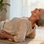 Relieving back pain with gentle stretching exercises in a cozy home environment, promoting flexibility and overall health for seniors and adults alike.