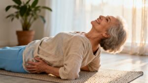 Relieving back pain with gentle stretching exercises in a cozy home environment, promoting flexibility and overall health for seniors and adults alike.