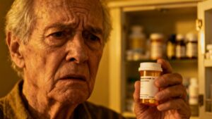 1. Elderly man looking concerned while holding medication bottle in front of medicine cabinet, illustrating health and medication awareness for seniors.