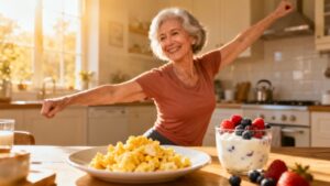 Relaxed elderly woman stretching in kitchen after breakfast with fresh berries and scrambled eggs, promoting healthy aging, morning stretch routines, and wellness tips for seniors.