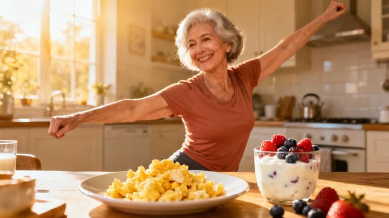 Relaxed elderly woman stretching in kitchen after breakfast with fresh berries and scrambled eggs, promoting healthy aging, morning stretch routines, and wellness tips for seniors.