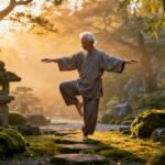 1. Elderly man practicing yoga in a serene Japanese garden during sunrise, illustrating mindfulness and stretching exercises for senior fitness and flexibility.
