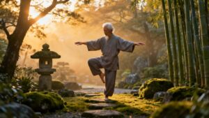 1. Elderly man practicing yoga in a serene Japanese garden during sunrise, illustrating mindfulness and stretching exercises for senior fitness and flexibility.