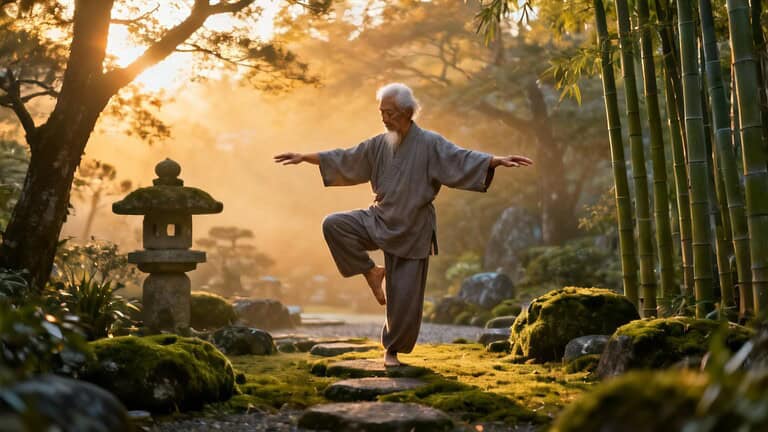 1. Elderly man practicing yoga in a serene Japanese garden during sunrise, illustrating mindfulness and stretching exercises for senior fitness and flexibility.