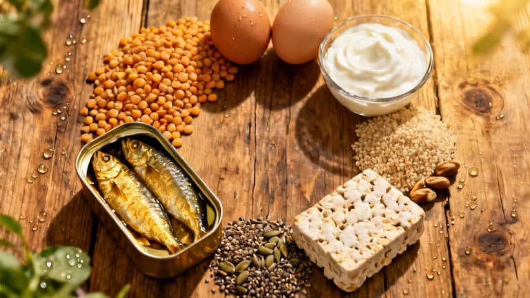 1. Canned sardines, eggs, lentils, quinoa, seeds, nuts, and dairy on rustic wooden table for high-protein, healthy eating, and nutrition.