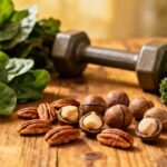 Almonds, walnuts, fresh greens, and a dumbbell on a rustic wooden surface, emphasizing healthy eating and fitness.
