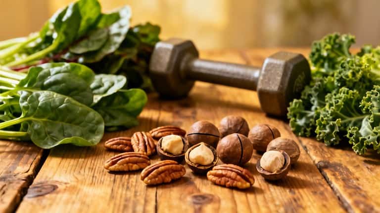 Almonds, walnuts, fresh greens, and a dumbbell on a rustic wooden surface, emphasizing healthy eating and fitness.