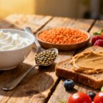Creamy yogurt with peanut butter on whole grain toast, fresh vegetables, berries, and lentils on a rustic wooden table. Healthy breakfast options for balanced nutrition and energy.