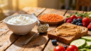Creamy yogurt with peanut butter on whole grain toast, fresh vegetables, berries, and lentils on a rustic wooden table. Healthy breakfast options for balanced nutrition and energy.