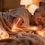 Elderly woman sleeping peacefully with glowing light effects on her limbs, demonstrating the importance of gentle stretching and flexibility exercises for seniors, promoting health and well-being, in a cozy bedroom setting.