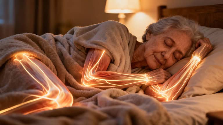 Elderly woman sleeping peacefully with glowing light effects on her limbs, demonstrating the importance of gentle stretching and flexibility exercises for seniors, promoting health and well-being, in a cozy bedroom setting.