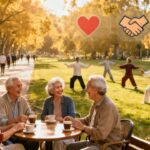 Relaxing elderly people practicing Tai Chi in park during autumn, outdoor exercise for seniors promoting health, fitness, and well-being.