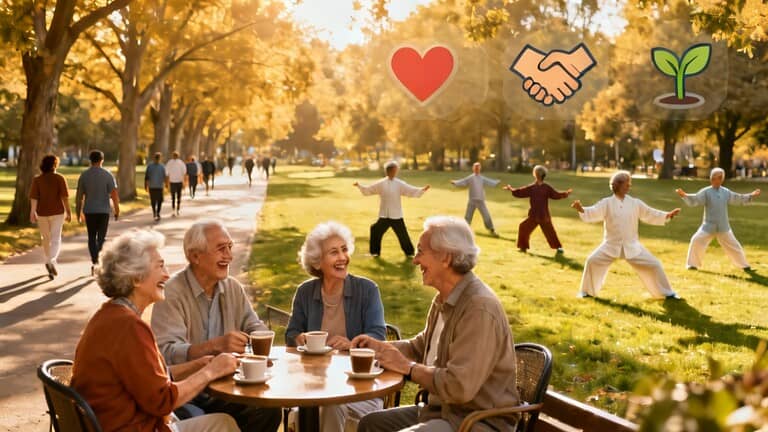 Relaxing elderly people practicing Tai Chi in park during autumn, outdoor exercise for seniors promoting health, fitness, and well-being.