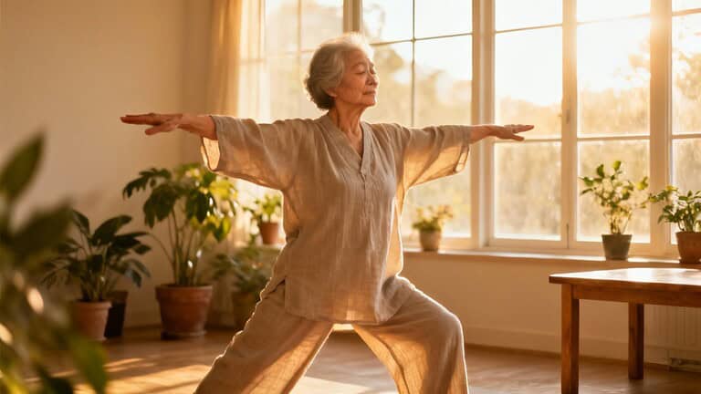 Lively senior woman practicing yoga stretching exercises indoors at home, sunlit room with potted plants, promoting health, flexibility, and wellness for older adults.
