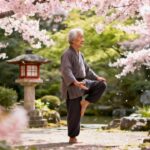 Improving flexibility yoga outdoor garden cherry blossom spring senior woman practicing yoga meditation learning stretching exercises peaceful nature scene.