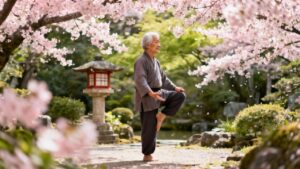 Improving flexibility yoga outdoor garden cherry blossom spring senior woman practicing yoga meditation learning stretching exercises peaceful nature scene.