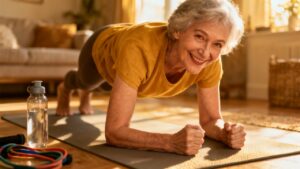 1. Senior woman doing plank exercise on yoga mat in living room, promoting elderly fitness and stretching routines for overall health.
