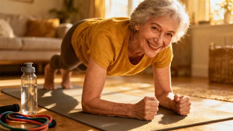 1. Senior woman doing plank exercise on yoga mat in living room, promoting elderly fitness and stretching routines for overall health.