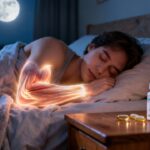 A young man sleeping peacefully in bed with a glowing, animated heart hologram emphasizing health and wellness benefits of vitamin D3 supplements.