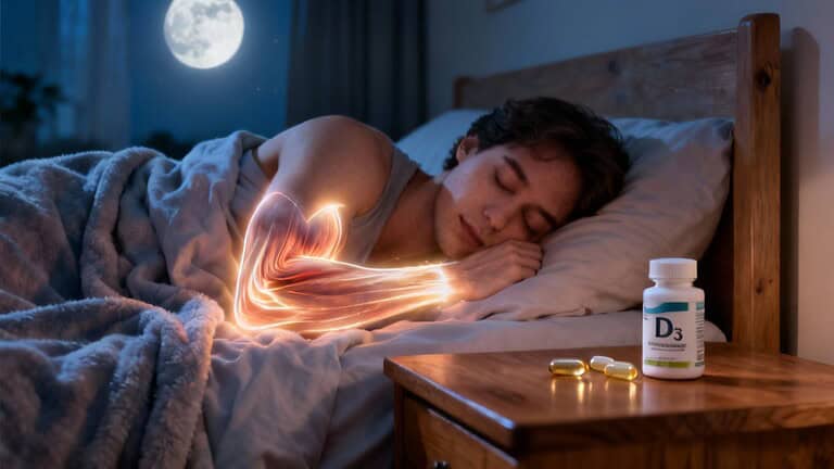 A young man sleeping peacefully in bed with a glowing, animated heart hologram emphasizing health and wellness benefits of vitamin D3 supplements.