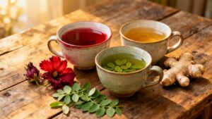 Hot herbal teas with ginger and floral accents, perfect for relaxing stretching routines and wellness daily rituals. Enjoy natural remedies and herbal infusions for health and relaxation.