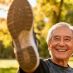 1. Elderly man stretching outdoors in park during sunny day for fitness and flexibility.