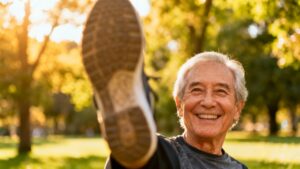 1. Elderly man stretching outdoors in park during sunny day for fitness and flexibility.