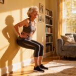 Relaxing elderly woman doing chair squat exercises indoors for mobility and strength at home during morning sunlight.