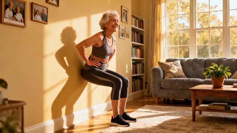 Relaxing elderly woman doing chair squat exercises indoors for mobility and strength at home during morning sunlight.