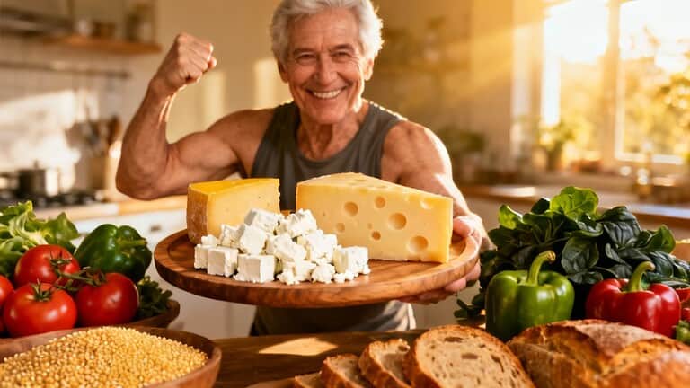 A happy elderly man showcasing variety of cheese and fresh vegetables in a bright kitchen, promoting healthy eating and lifestyle.