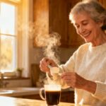 Steaming cup of coffee being prepared by a cheerful elderly woman in a cozy kitchen with warm sunlight.