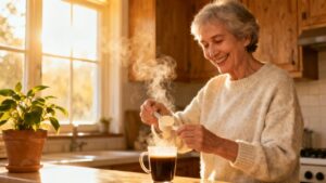 Steaming cup of coffee being prepared by a cheerful elderly woman in a cozy kitchen with warm sunlight.