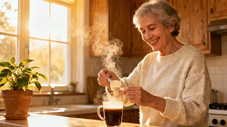 Steaming cup of coffee being prepared by a cheerful elderly woman in a cozy kitchen with warm sunlight.