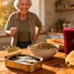 Fresh healthy breakfast with papaya, canned sardines, green lentils, and fruit juice in a cozy kitchen setting. Elderly woman enjoys nutritious morning time, promoting wellness through balanced diet.