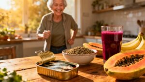 Fresh healthy breakfast with papaya, canned sardines, green lentils, and fruit juice in a cozy kitchen setting. Elderly woman enjoys nutritious morning time, promoting wellness through balanced diet.