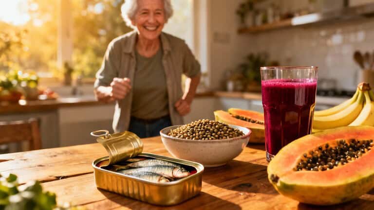 Fresh healthy breakfast with papaya, canned sardines, green lentils, and fruit juice in a cozy kitchen setting. Elderly woman enjoys nutritious morning time, promoting wellness through balanced diet.