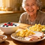 Berries with yogurt, scrambled eggs, avocado slices, turkey slices, mixed nuts on a wooden table in a bright kitchen.