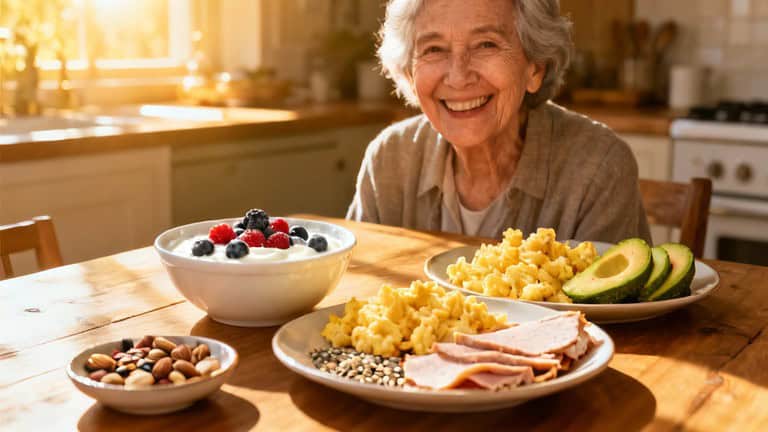 Berries with yogurt, scrambled eggs, avocado slices, turkey slices, mixed nuts on a wooden table in a bright kitchen.