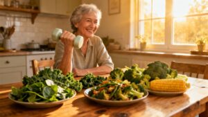 Fresh vegetables and an elderly woman enjoying healthy eating in a bright, sunlit kitchen, promoting wellness, nutritious diet, and healthy lifestyle.